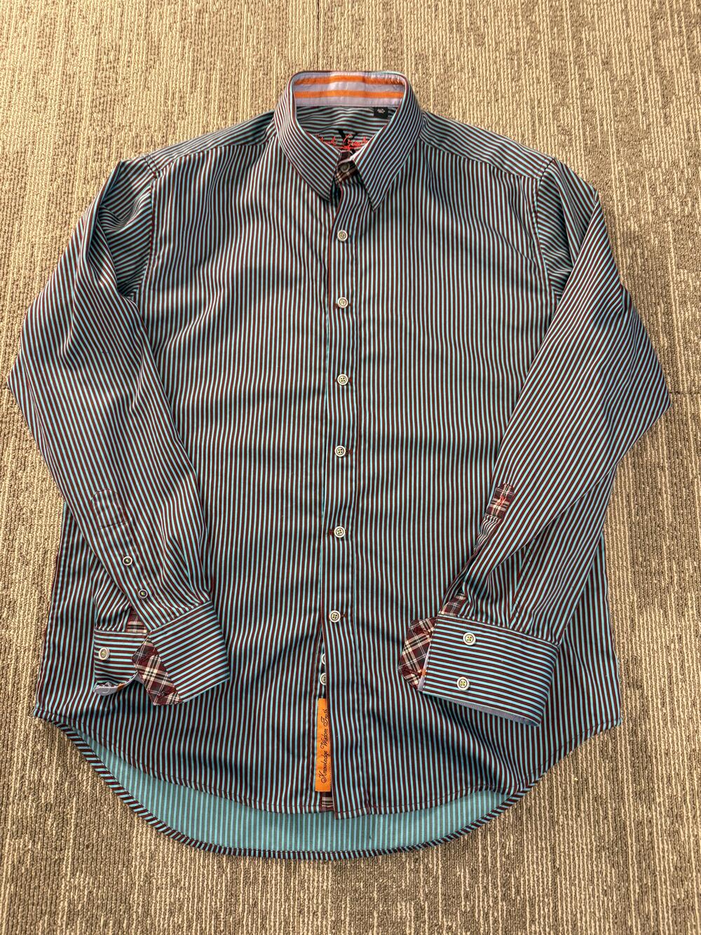 Robert Graham X Shirt Mens Large Brown Blue Stripe Button Down Contrast Cuffs